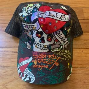 Ed Hardy Rhinestone Embellished Hat Vintage Trucker Hat Love Kills VTG 90s Y2k